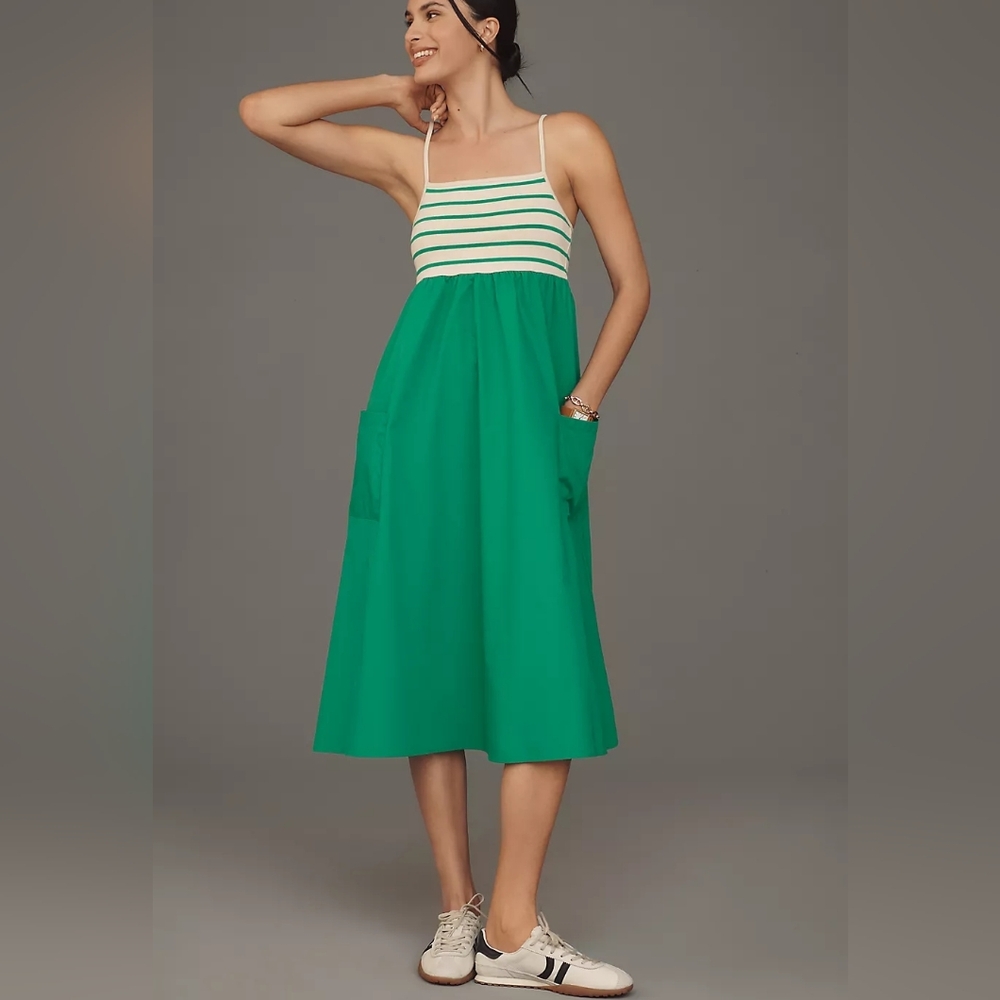 Anthropologie Green Square-Neck A-Line Sleeves Midi Sun Dress With Pockets